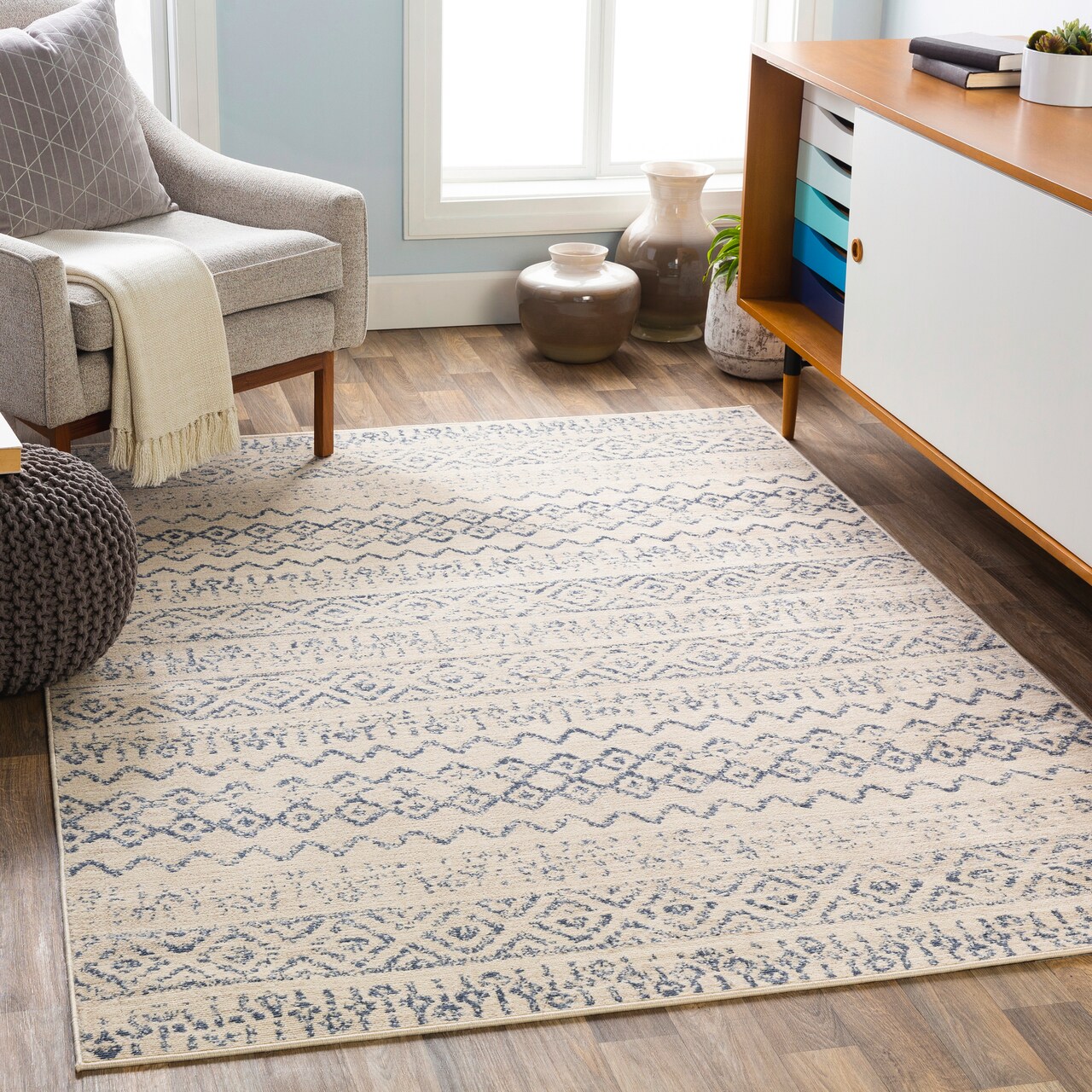 Tiwari Home 6'7" x 9' Distressed Finish Geometric Pattern Beige and Denim Blue Rectangular Area Rug